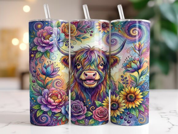 Review: Colorful Highland Cow Floral Tumbler PNG for Embroidery
